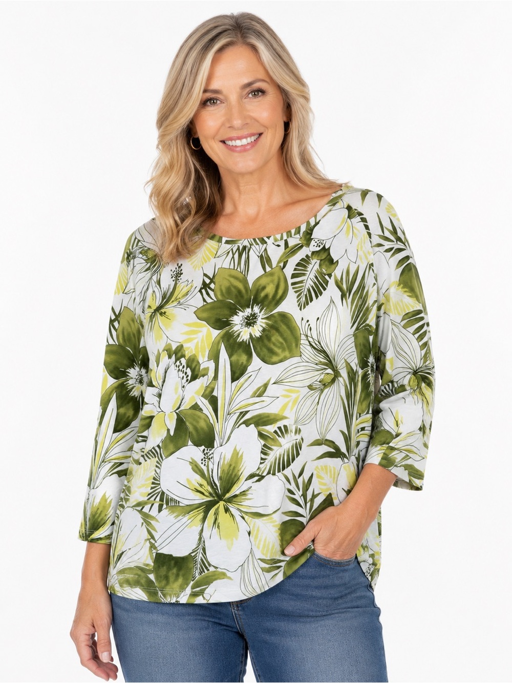 Talbots Olive & White Floral 3/4 Sleeve Blouse